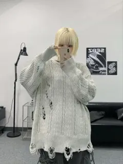 SEAZ デストロイケーブルダメージニット ライトグレー