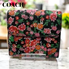 【即購入可】COACH コーチ 折り財布 花柄 フローラル ブラック コンパクト