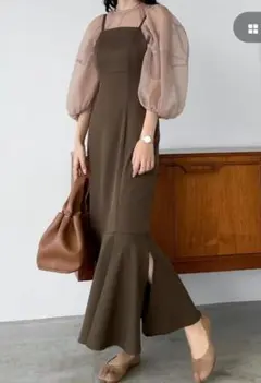 Louere（ルエレ）アシンメトリーマーメイドキャミワンピース　茶　ブラウンM