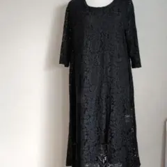 【新品】ブラック花柄レースワンピース 七分袖