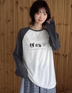 SHEIN　FRIFUL　長袖　Tシャツ　犬　ドッグ　グレー　ホワイト　白