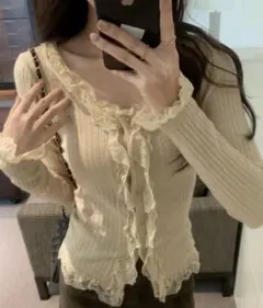 レースUネックリブニットカーディガン