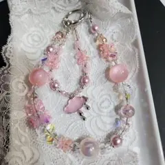 ハンドメイド ピンク花モチーフ携帯ストラップ