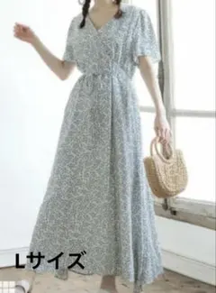 リボン付きカシュクール花柄ワンピース　Lサイズ　GRL