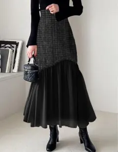 GRL ツイード切り替えマーメイドフレアスカート[gc272] ブラック M