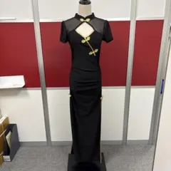 チャイナドレス 半袖 ブラック ゴールド装飾