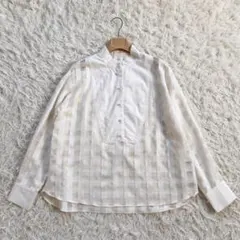 【着用3回】セブンテン　シースルーギンガムチェックシャツ　ホワイト　パールボタン