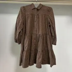 ZARA チェック柄 長袖ティアードワンピース XS ブラウン
