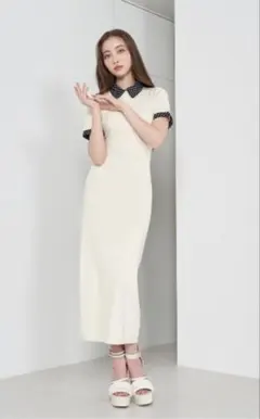 ダーリッチ　バックオープンドットニットロングワンピース　アイボリー F-S