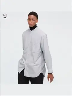 ユニクロプラスJ グレー ストライプ バンドカラー　シャツ M 切り替え　美品