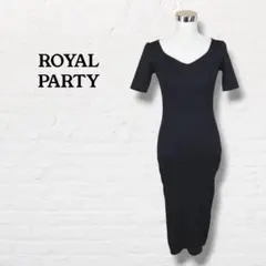 ロイヤルパーティー☆タイトワンピース リブニット 半袖 Vネック【F】ブラック