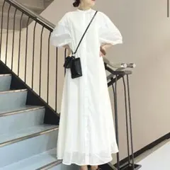 KBF／ホワイト シャツワンピース シフォン 半袖 ロング丈 上品