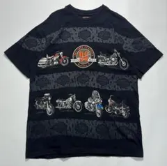 90s ハーレー USA製 ビンテージTシャツ L 黒 ボーダー総柄☆6432Bのサムネイル