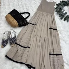 美品】ダイアグラム 配色切り替フレアロングワンピース シルク混 M