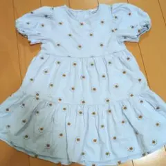 98cwm ZARA 花柄刺繍半袖ワンピース　ブルー 2-3歳用