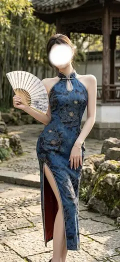青い花柄刺繍スリットチャイナドレス