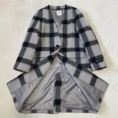 【美品】BEAMS HEART ノーカラーコート チェック イタリア生地