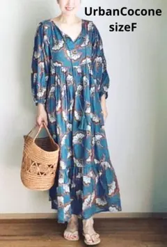 美品　UrbanCocone　花柄　ロングワンピース 七分袖　ブルー　F