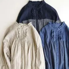 サマンサモスモス フリル シャツワンピース コットン リネン ストライプ