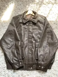 ブラウン レザージャケット (フェイク)スナップボタン付き 大きめMサイズ