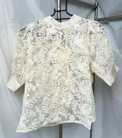 GRL ボウタイ付き花柄刺繍オーガンジーブラウス tu586 アイボリー