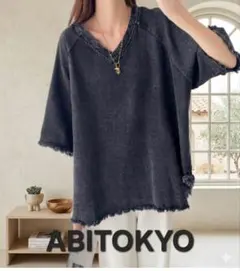 【新品タグ付き】ABITOKYO フリンジ デニム トップス Vネック 黒 Fのサムネイル