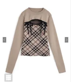 【ほぼ未使用】チェック柄フロントオープンリボンニットトップス ru1374