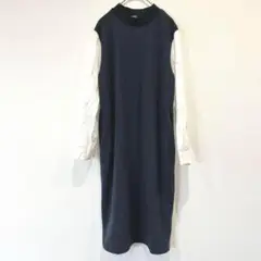 シャツワンピ　膝下 カジュアル 裏起毛 ネイビー
