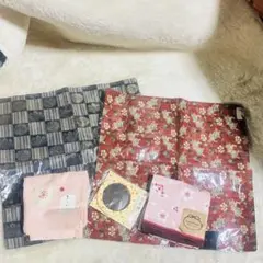 未使用　和柄セット 西陣織工業組合正絹　5点まとめ売り獅子と金糸花　ハンカチ手鏡