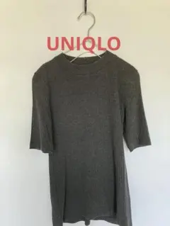 ユニクロ　リブハイネックT グレー 半袖 リブ編み トップス