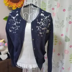 ネイビー レース装飾 長袖カーディガン
