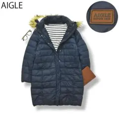 【美品】 エーグル フードファー ロング ダウン コート M ネイビー ♪