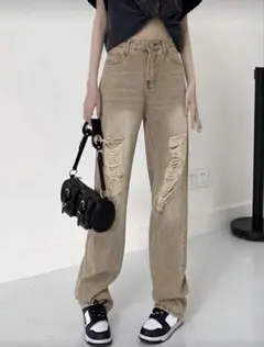 SHEIN Honeyspot ダメージストレートレッグジーンズ　カーキ