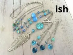 【A026】ish羽チャーム・インペリアルターコイズブルーネックレス＆ピアス