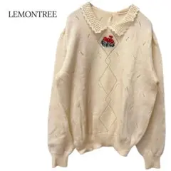 レモンツリー　ニット　半袖　透かし編み　アイボリー　刺繍　花　襟　ヴィンテージ