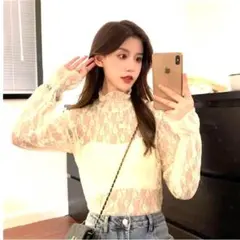 レース トップス シフォンブラウス 花柄 シースルー アイボリー XLサイズ