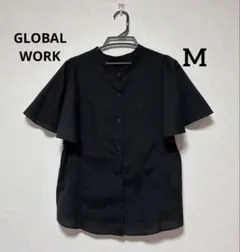 GLOBAL WORK お手入れらくらくフレンチリネンフリルブラウス　黒