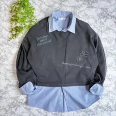 y2k クロップドトップス ロンT 短丈 グレー M 花柄刺繍 平成ギャル