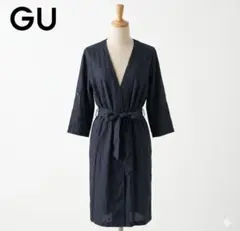 GU リネン混 ロングカーディガン ネイビー ベルト付き 麻レーヨン 羽織り S