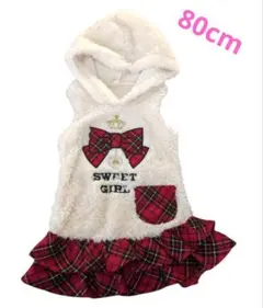 赤　チェック　ノースリーブワンピース　80cm フード　かわいい　春　冬