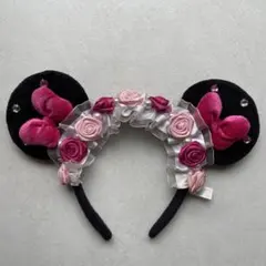 ディズニー　カチューシャ　ミニーちゃん　ピンク　薔薇　パール　レース　フリル