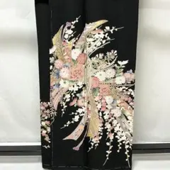 b469 正絹　黒留袖　友禅　比翼付　五つ紋　金箔　未使用しつけ付極美品　着物