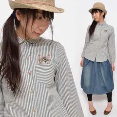 ♪ストライプ×コンニチワ猫ちゃん刺繍★ブラウス／シャツ グリーン色