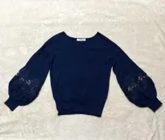 アンデミュウ 袖レース ニット ネイビー Ｖネック Mサイズ 美品
