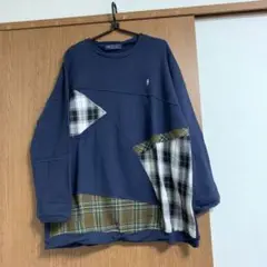 ネイビー チェック柄 パッチワーク トレーナーD.S.C