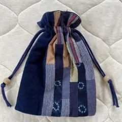 【未使用に近い】藍染 パッチワーク 巾着袋 中型
