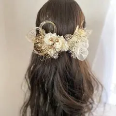 ドライフラワー髪飾り　ミニリボン付き　金箔　水引　成人式　振袖　結婚式　卒業式