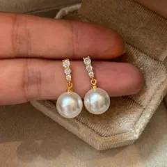 高品質パールドロップピアス　ゴールド