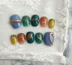 【現品】ネイルチップ ニュアンス 個性派 ミラー ゴールド 緑 青
