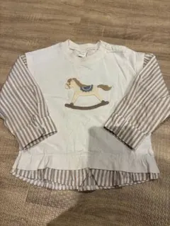 【90】コトリ Cottoli ロンT 重ね着風 ストライプ 木馬 刺繍